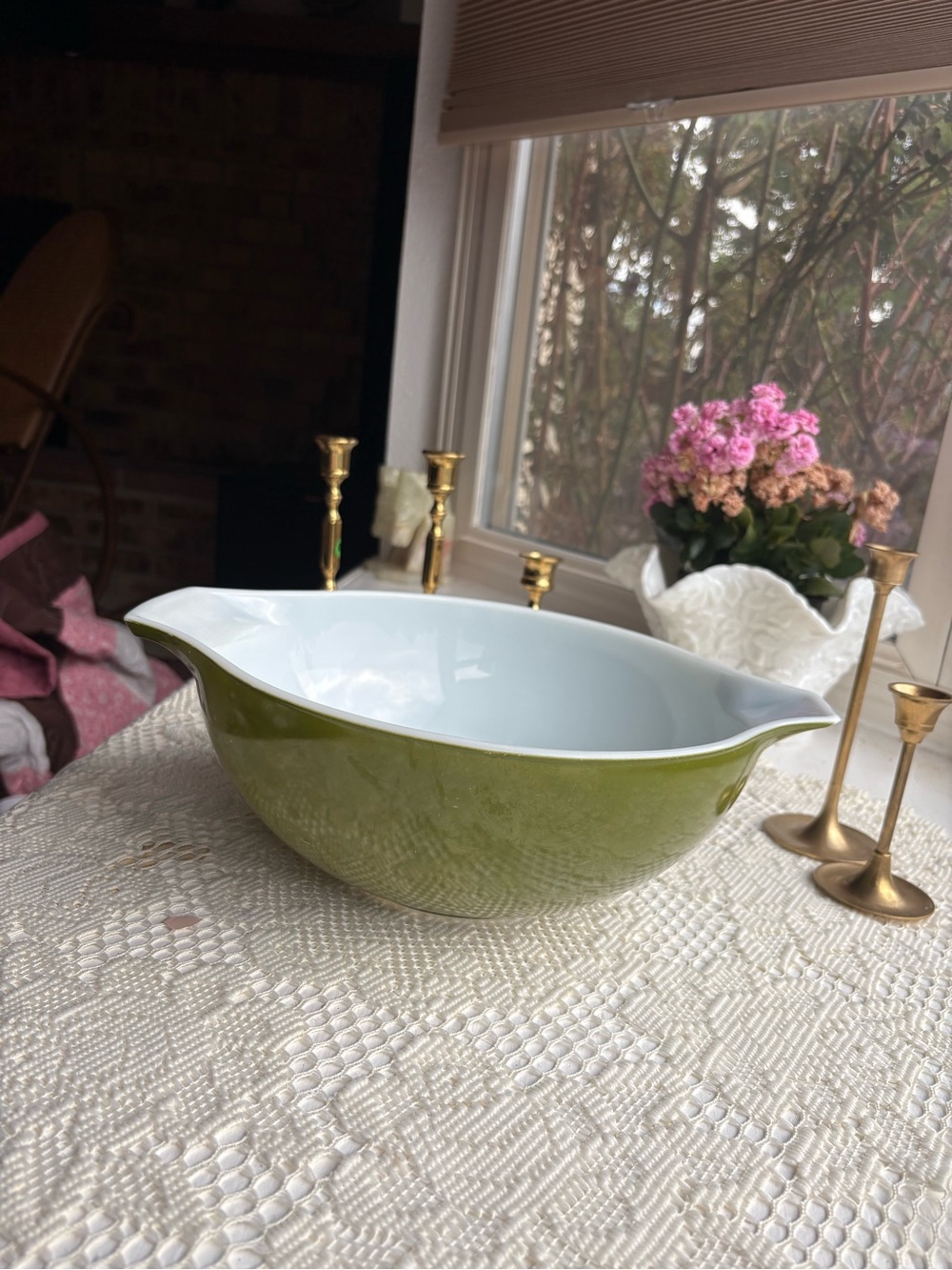 Pyrex Olive Green Two-Handled Serving Bowl